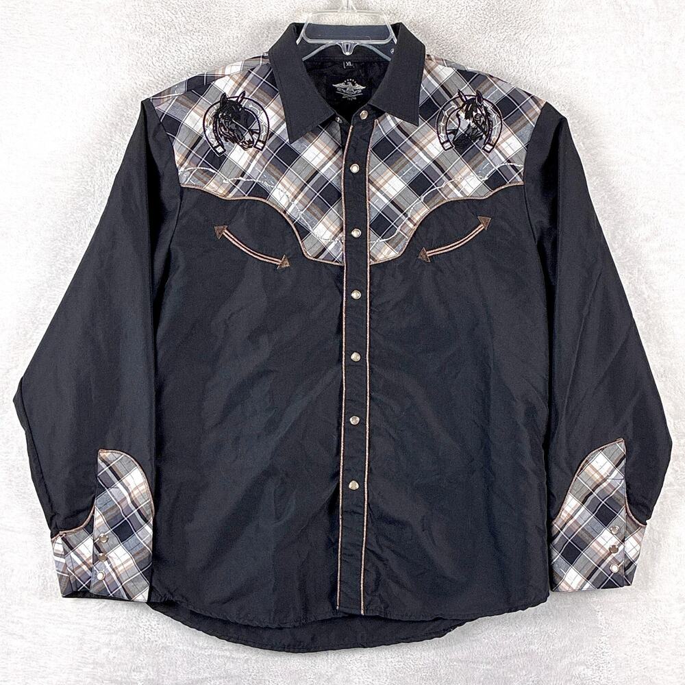 El General Shirt Mens XL Black Plaid Horse Embroidered Pearl Snap Western Cowboy